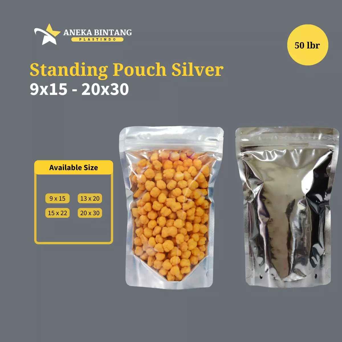 Standing Pouch (9 x 15 s/d 20x30) SILVER 50lbr